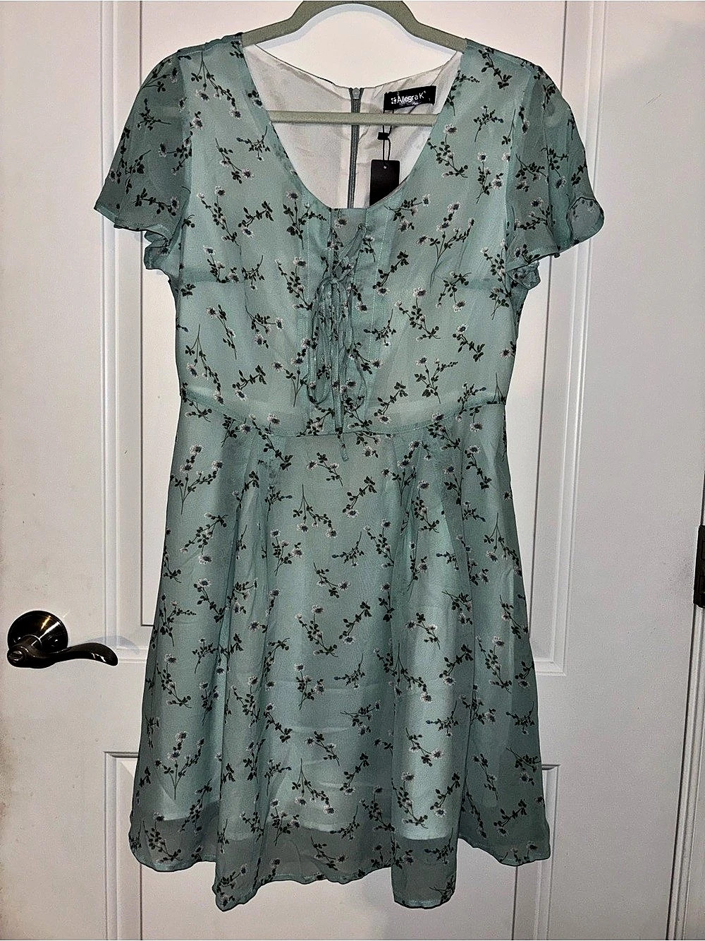 Allegra K Women'Small Floral Printed Flare Short Sleeve Lace-up V Neck A-Line